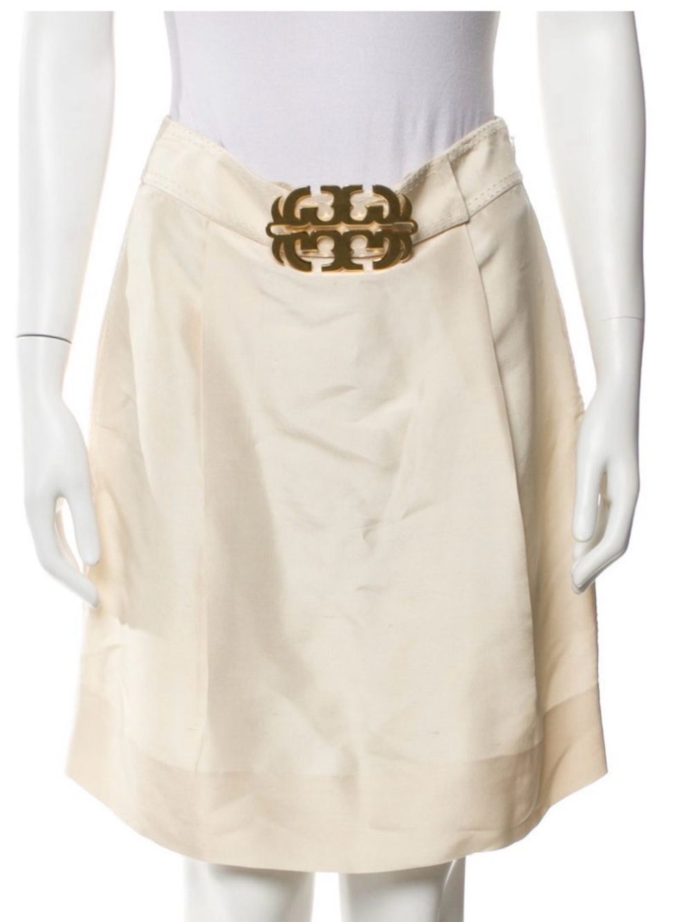 Tory Burch 100% Silk Cream A-Line Skirt with Gold Emblem